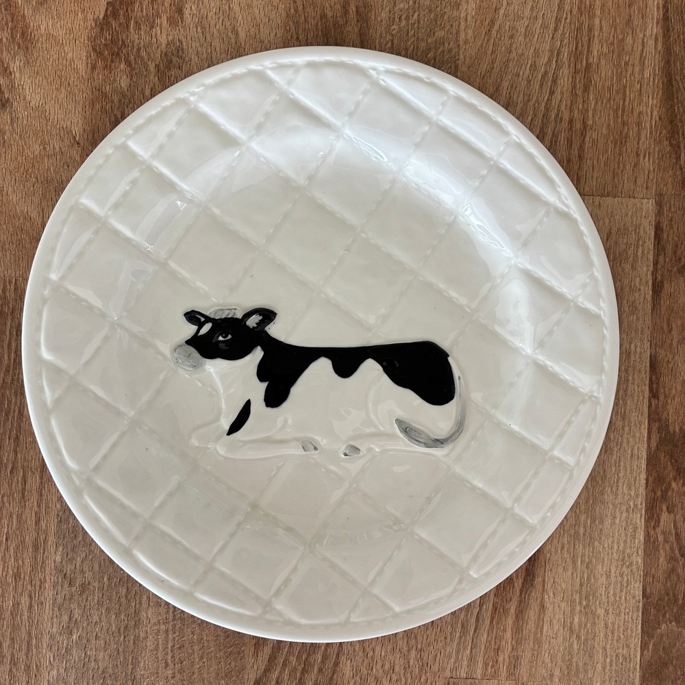Vtg Otagiri Japan Hand Painted Cow 8.25" Plate White Quilted Ceramic Farmhouse